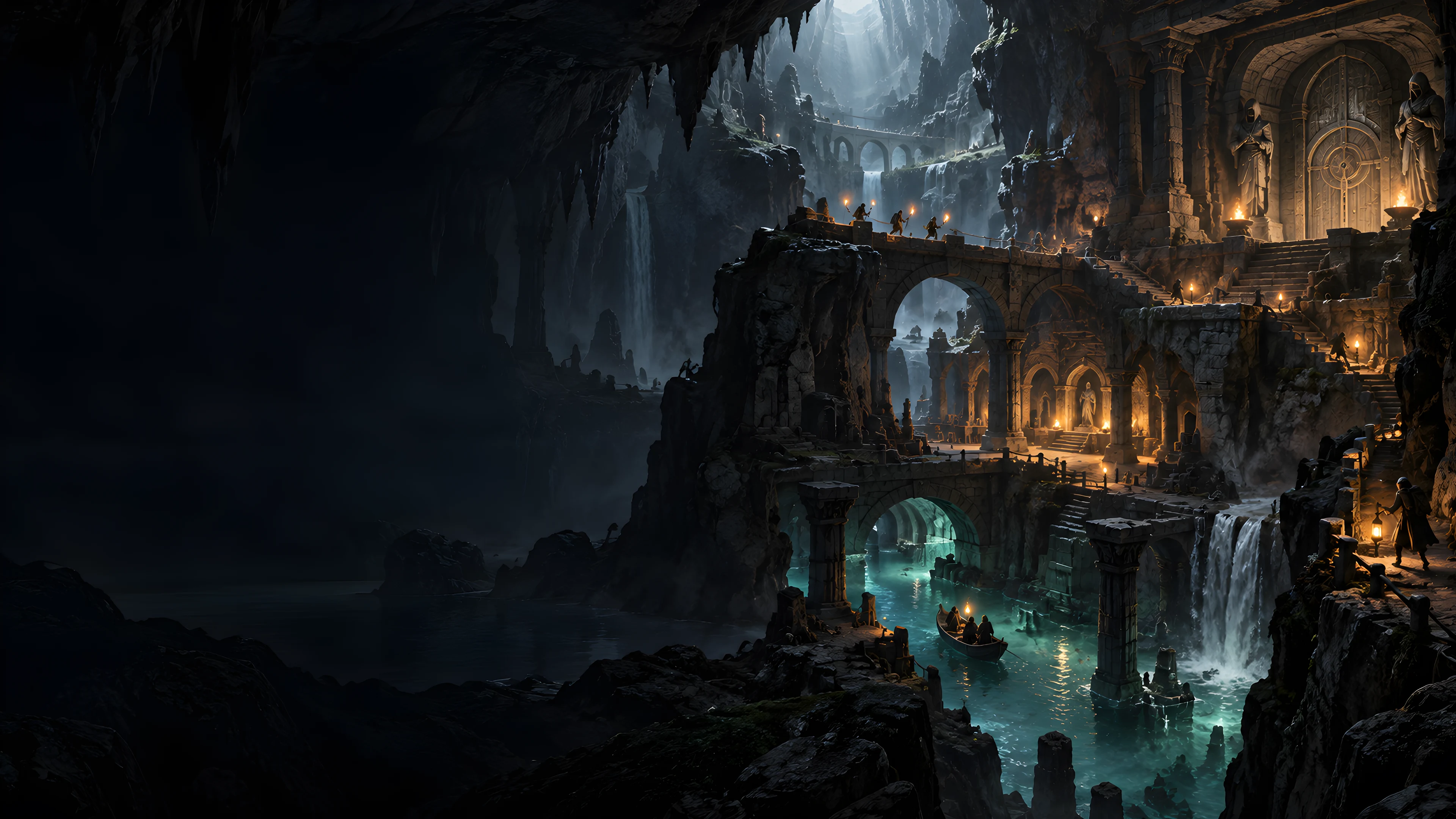 Fantasy illustration of adventurers exploring bridges and stone halls in a vast underground cavern