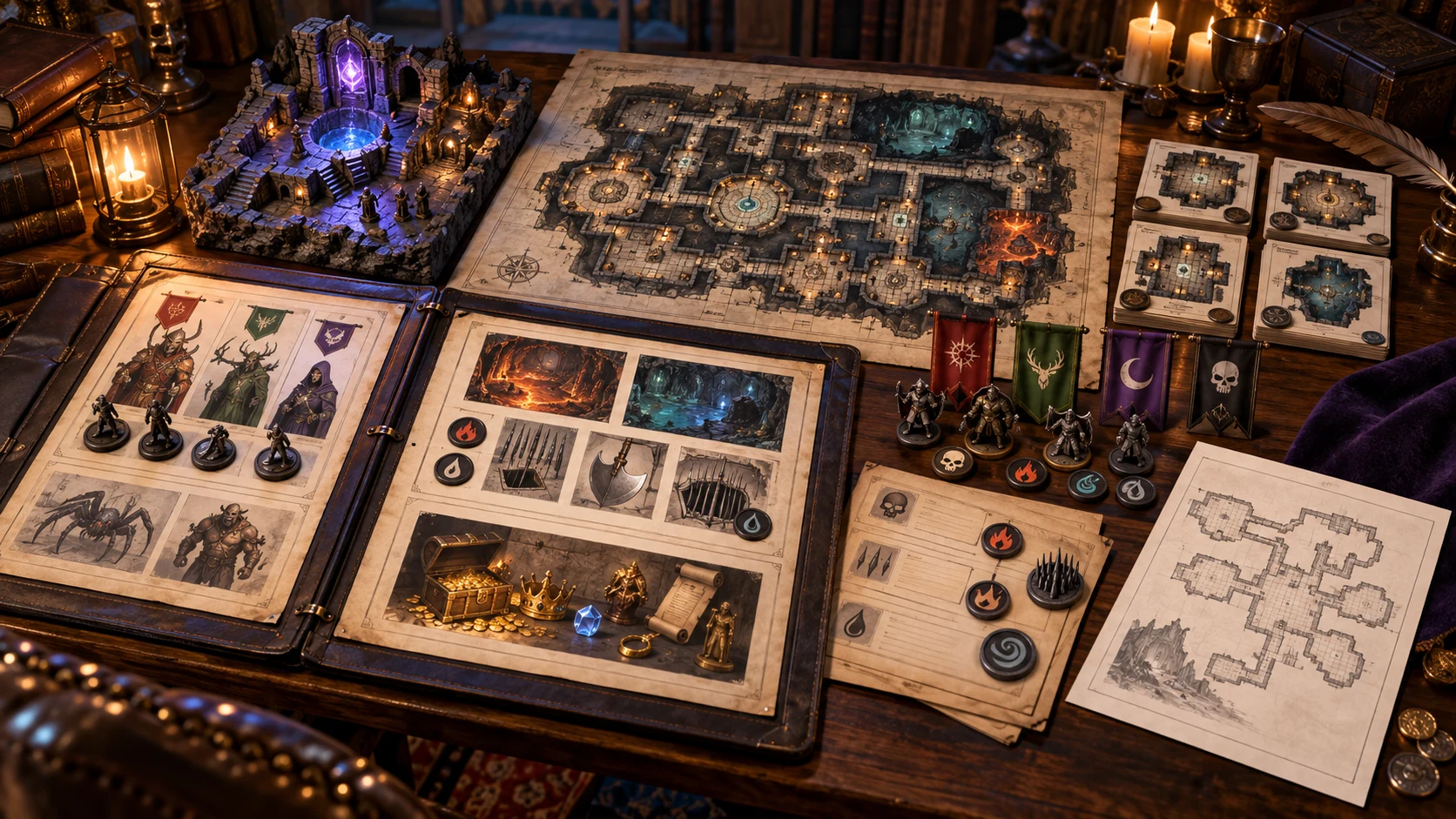 Fantasy illustration of dungeon folios, maps, miniatures and exploration notes on a tabletop