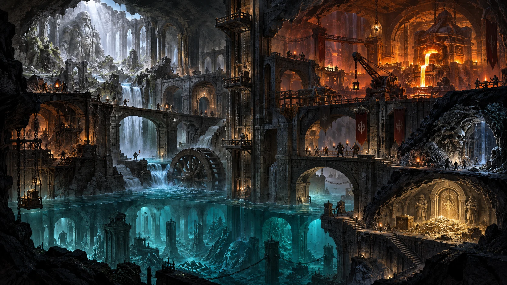 Fantasy illustration of connected underground halls, waterways and varied dungeon environments
